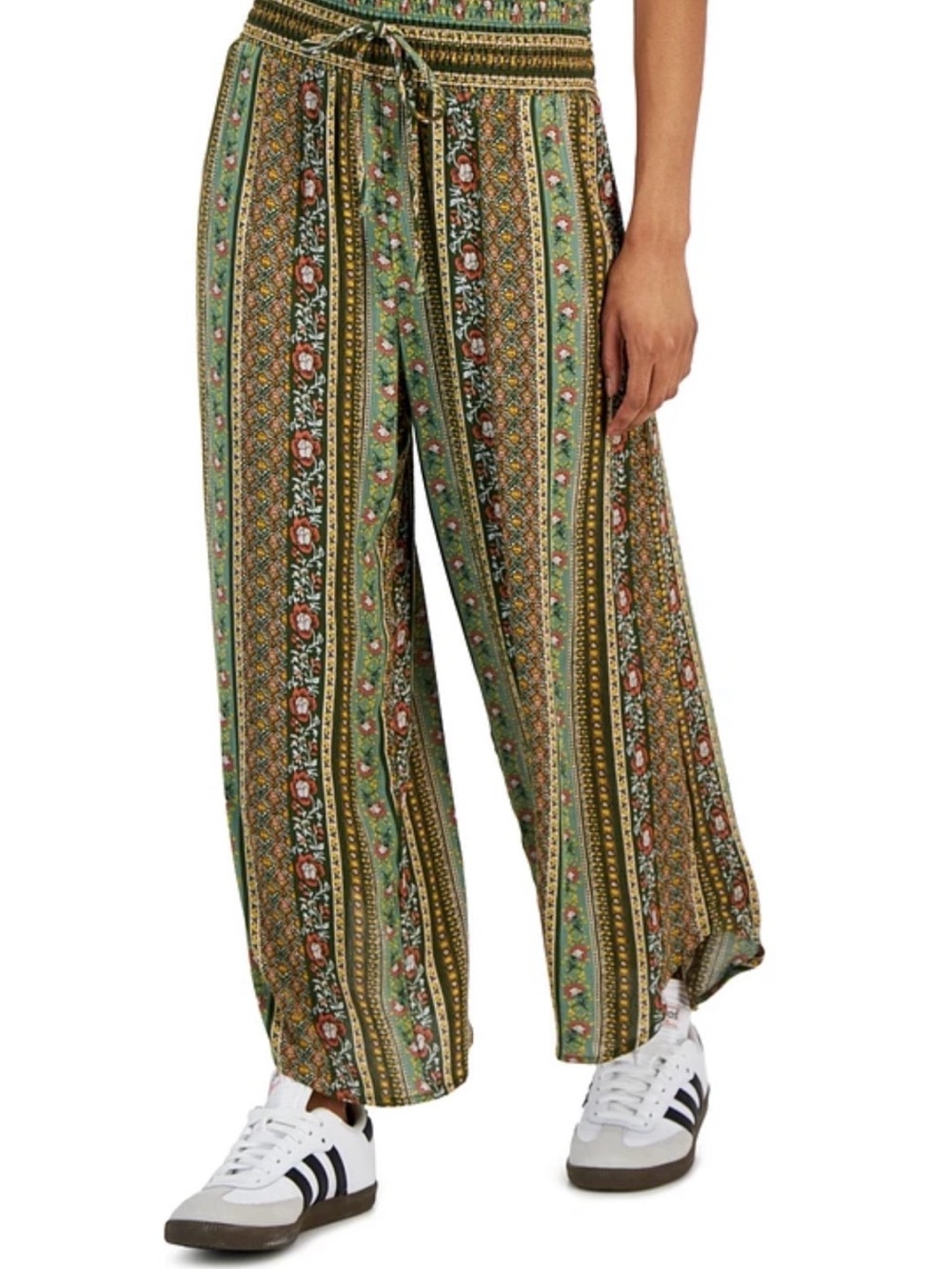 Kingston Grey Juniors’ High Rise Boho Striped Floral Wide-Leg Pant -Green #1682